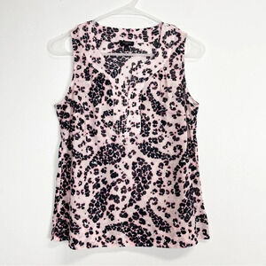Talbots Blouse Womens Size XS P Petite Pink Black Animal Print Sleeveless VNeck